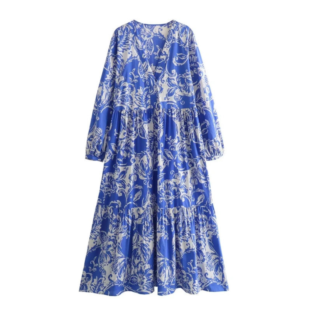 ZARA Long Sleeve Blue Calico Patchwork Dress